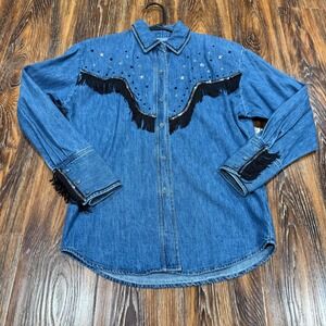 Vintage Denim Western Shirt Fringe S Women's Rhinestone Long Sleeve Small‎ Y2K